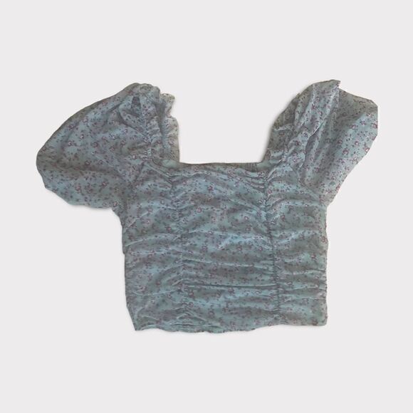 Wild Fable | EUC Ruched Floral Peasant Crop Top Size XS Blue and Pink - Picture 1 of 3